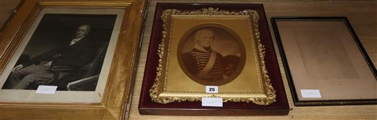 A Victorian gilt metal framed portrait print of Major John Werge, and two others of John Clark and Letitia Powell